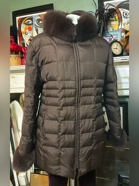 Marvin Richards Brown Puffer Coat with Real Fox Fur Trim-XL